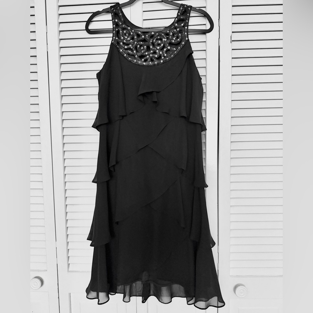 S.L. Fashions Black High Low Dress with Beaded Neckline